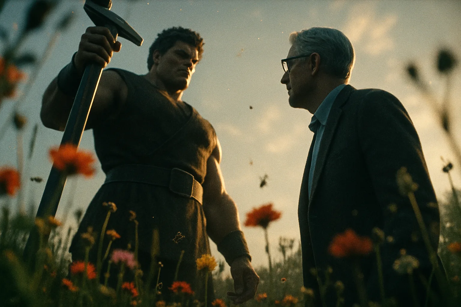 Two Colossal Figures Loom Against the Sky