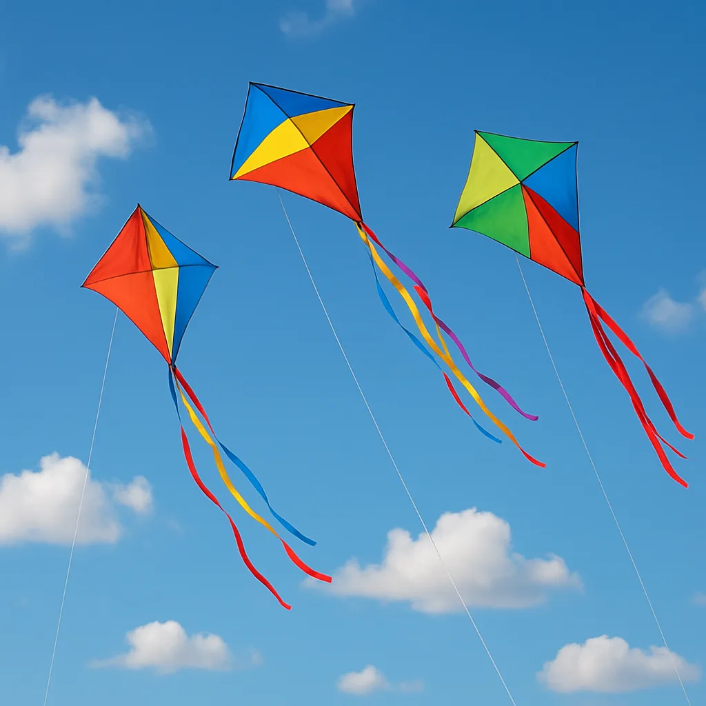 Three Vividly Colored Kites Flying High Against a Clear