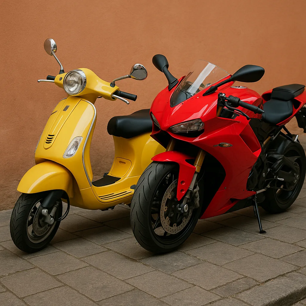 Red Sports Motorcycle with a Yellow Scooter Parked Beside It
