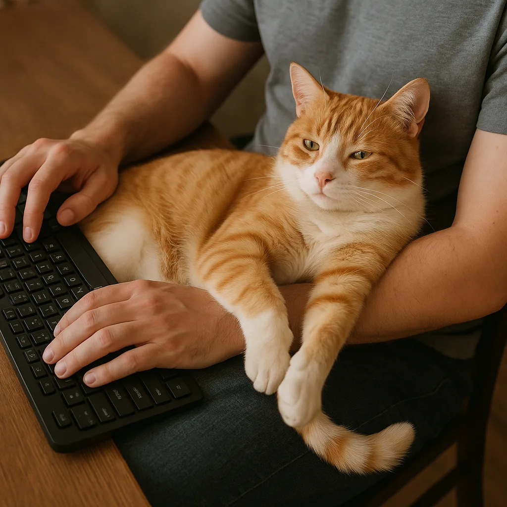 Relaxed Orange-and-white Cat Lies Across a Person's Lap and Arm