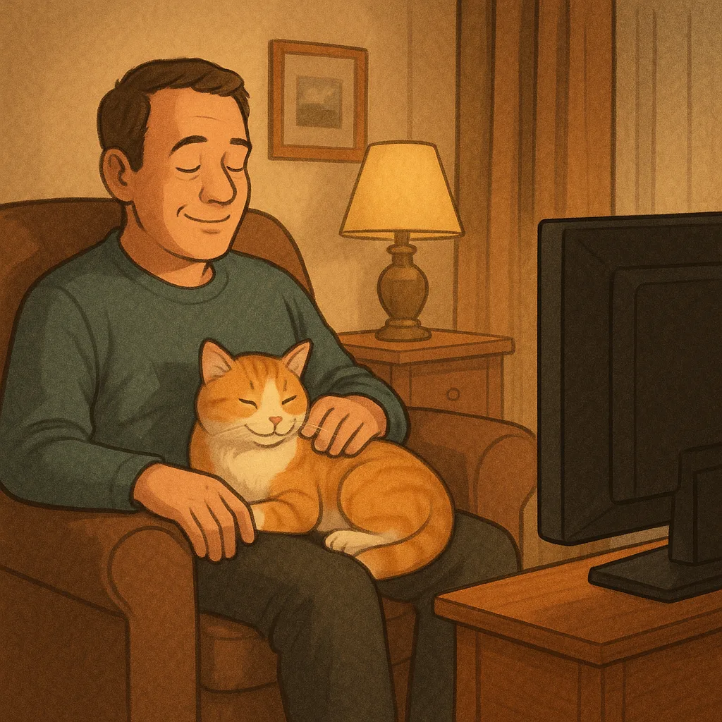 Man Unwinds While Petting His Satisfied Cat