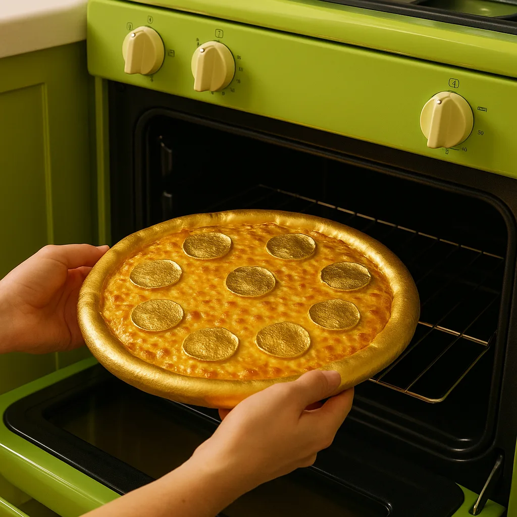 Lime-green Oven with a Golden Pizza Being Inserted into It