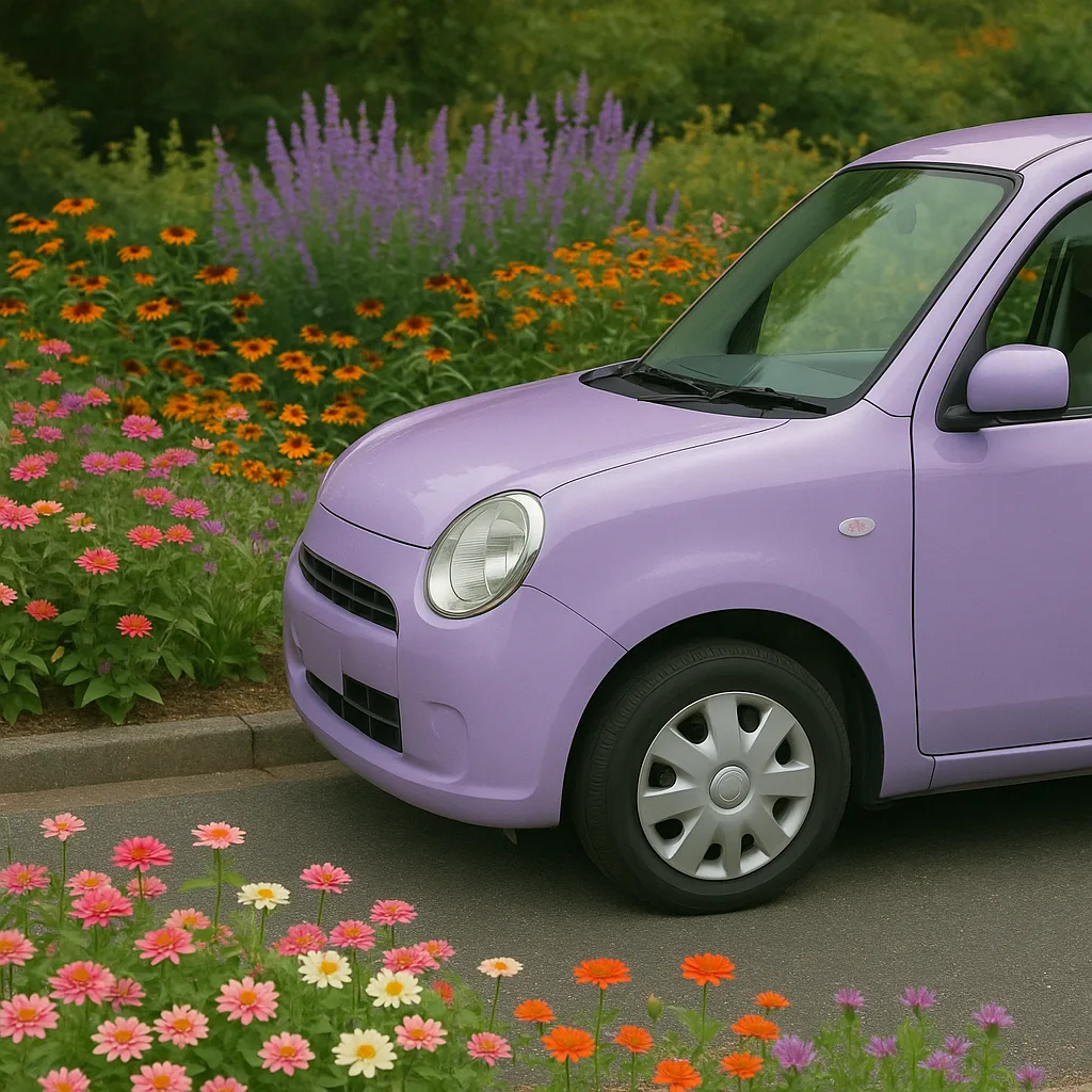Lavender-hued Car Stationed Beside a Vibrant Garden