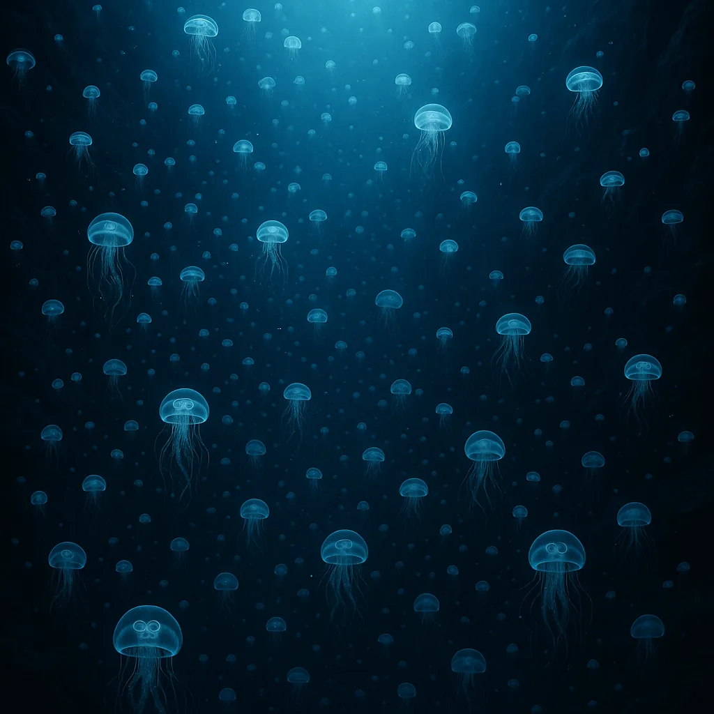 Vast Constellation of Thousands of Bioluminescent Jellyfish Drifts Serenely