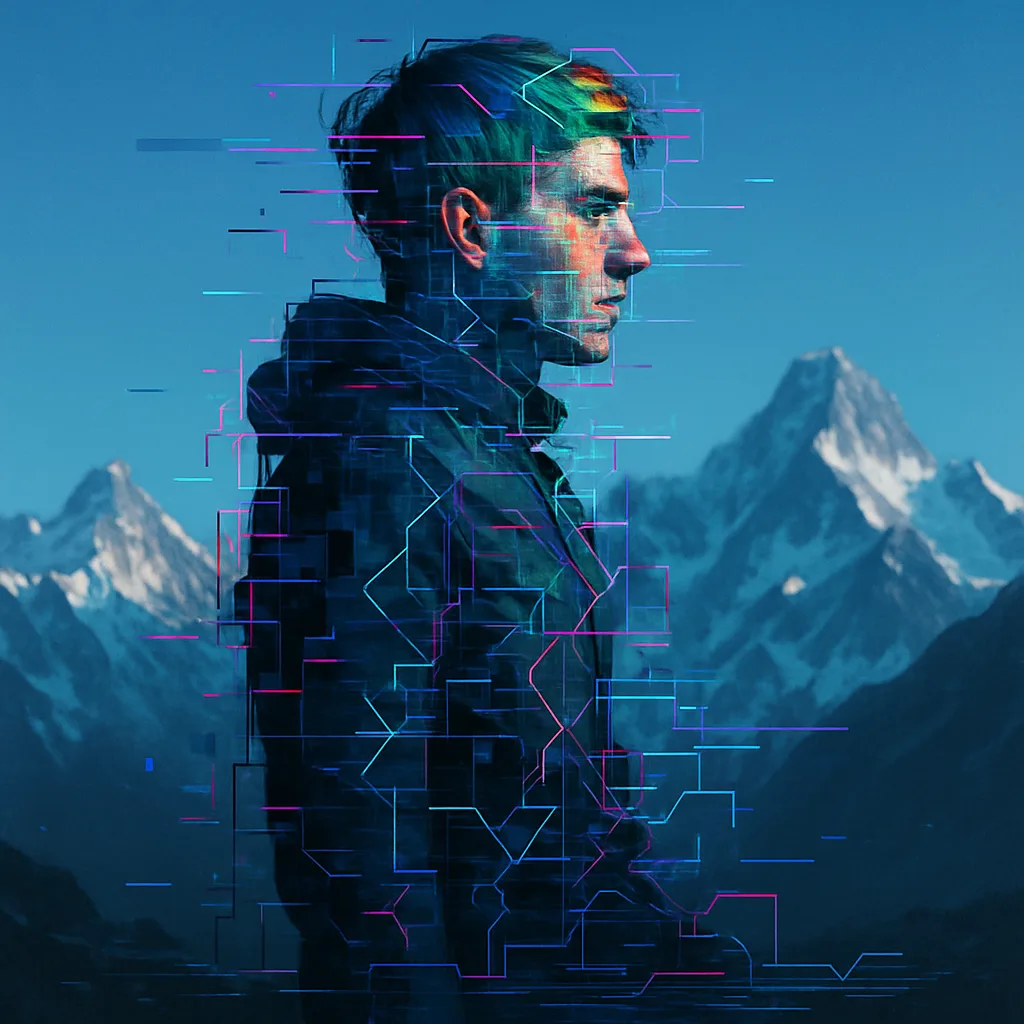 Everyman Character Stands Against Jagged Snow-capped Peaks