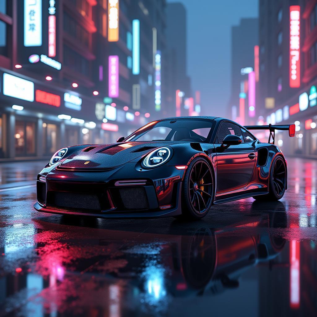 Black Porsche Reflecting a Neon Cityscape