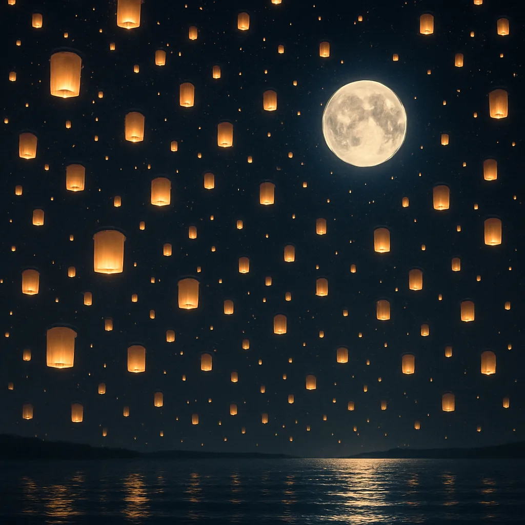 Countless Glowing Lanterns Float Upwards into a Dark Night Sky