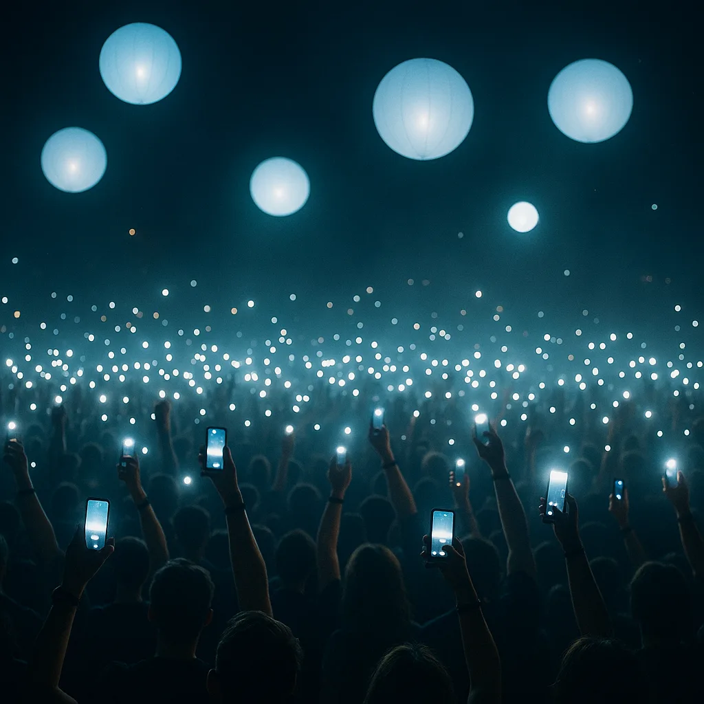 Crowd at a Nighttime Concert Holding Up Glowing Phones