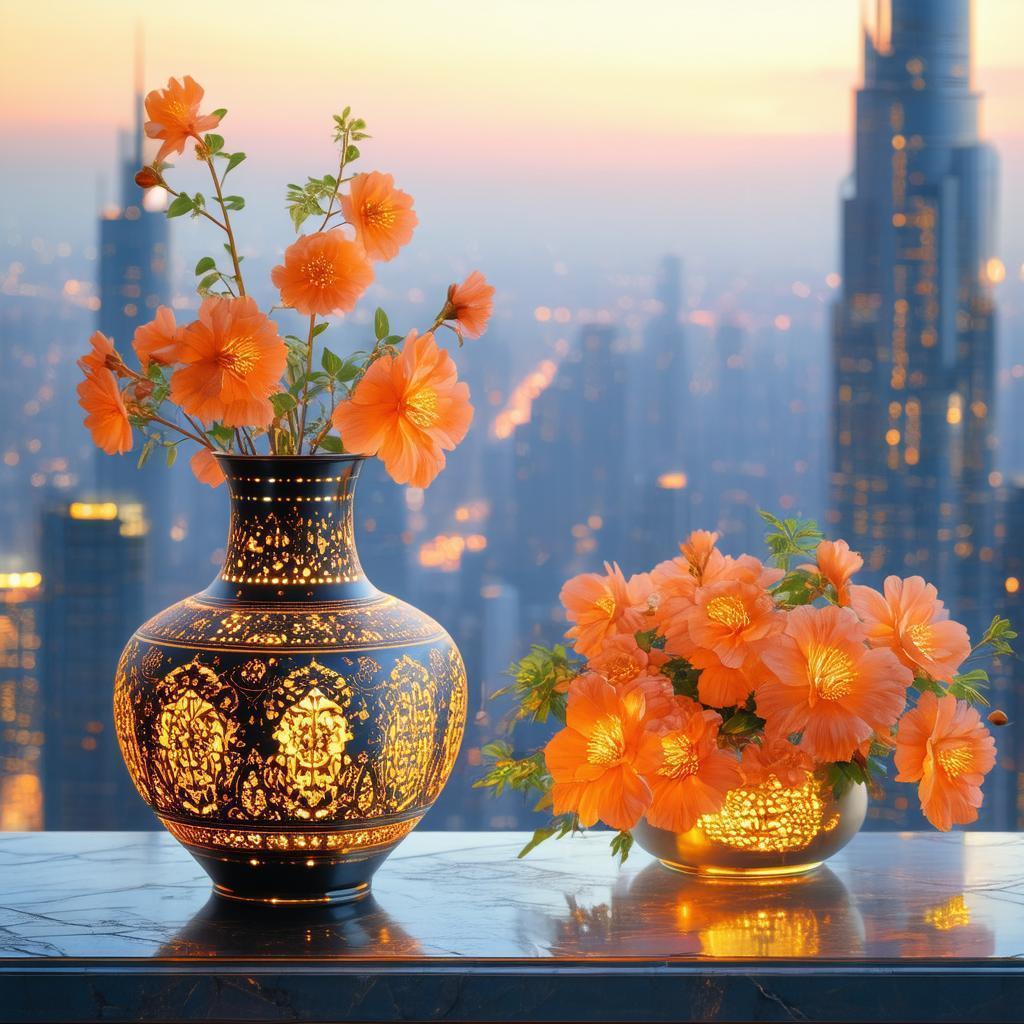 Neon Persian Vase Beside Orange Blooms