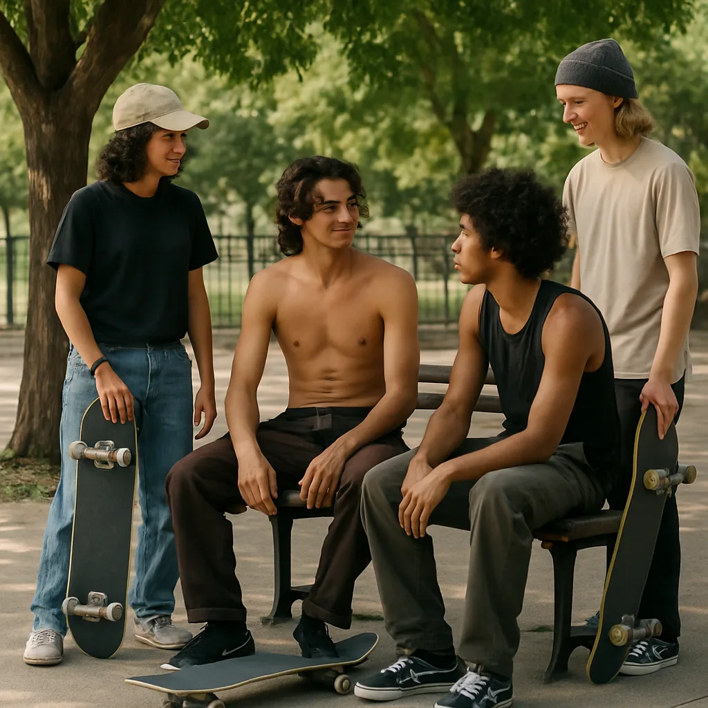 Group of People in a Shaded Outdoor Area with Skateboards