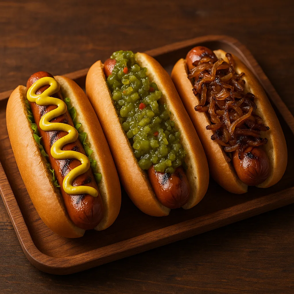 Three Artisan-style Hot Dogs Presented on a Rustic Wooden