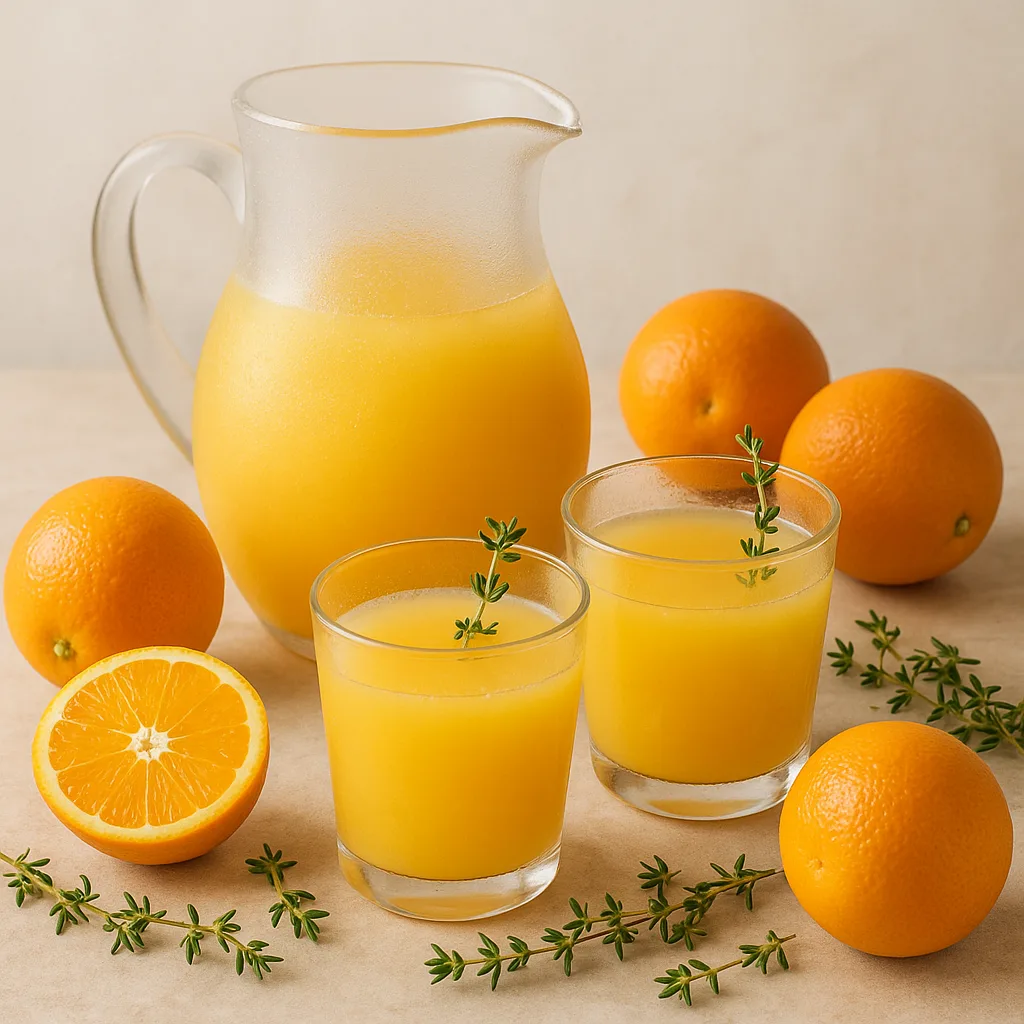 Frosted Glass Pitcher and Glasses Filled with Orange Juice