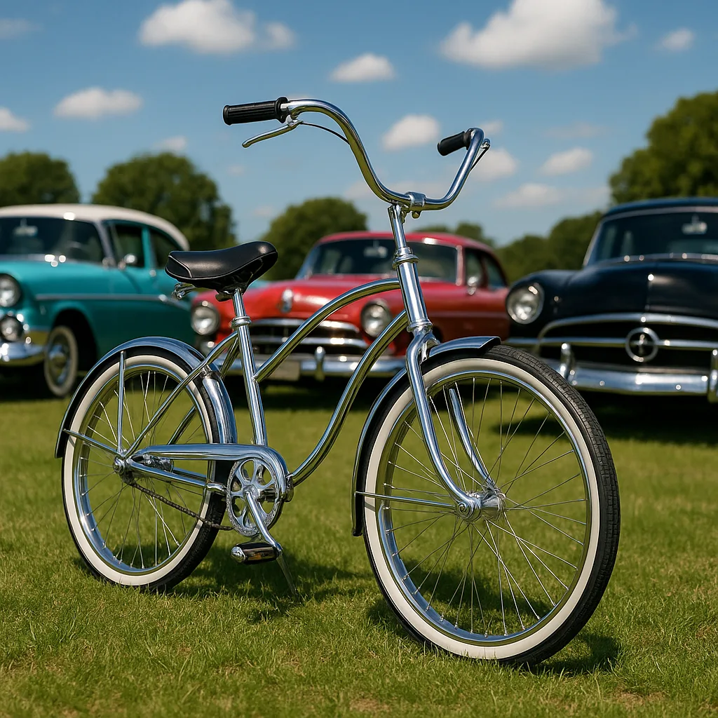 Chrome Bicycle with Retro Styling Is Parked on Grass