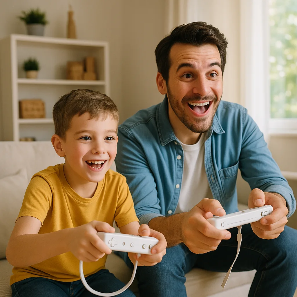 Son and His Father Are Having Fun Playing a Video