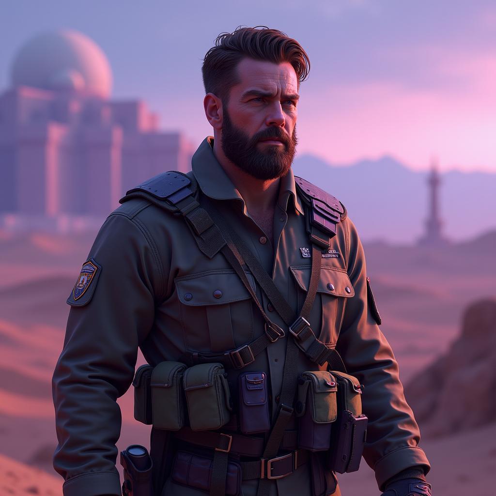 Bearded Soldier in Purple Desert Twilight