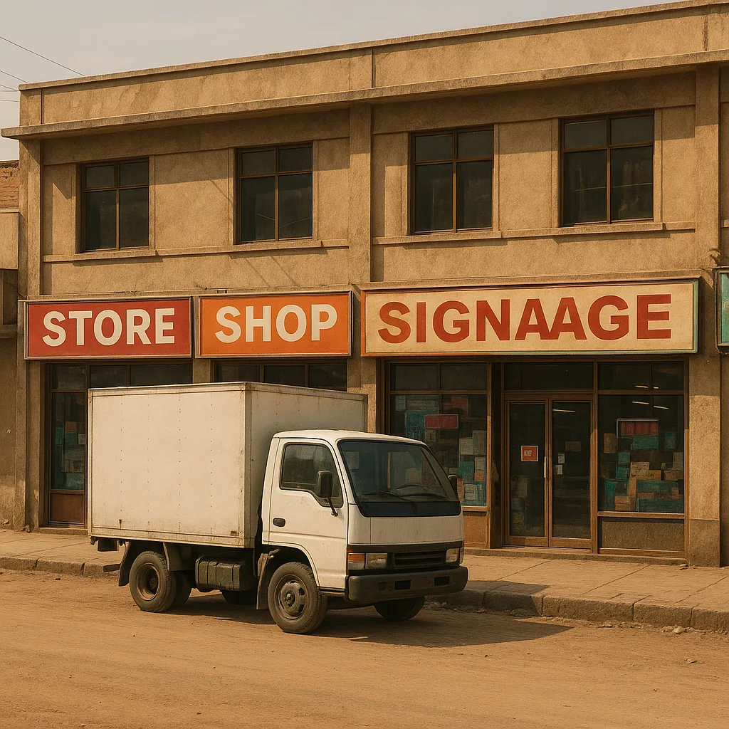Commercial Building with Multiple Shops and Signs