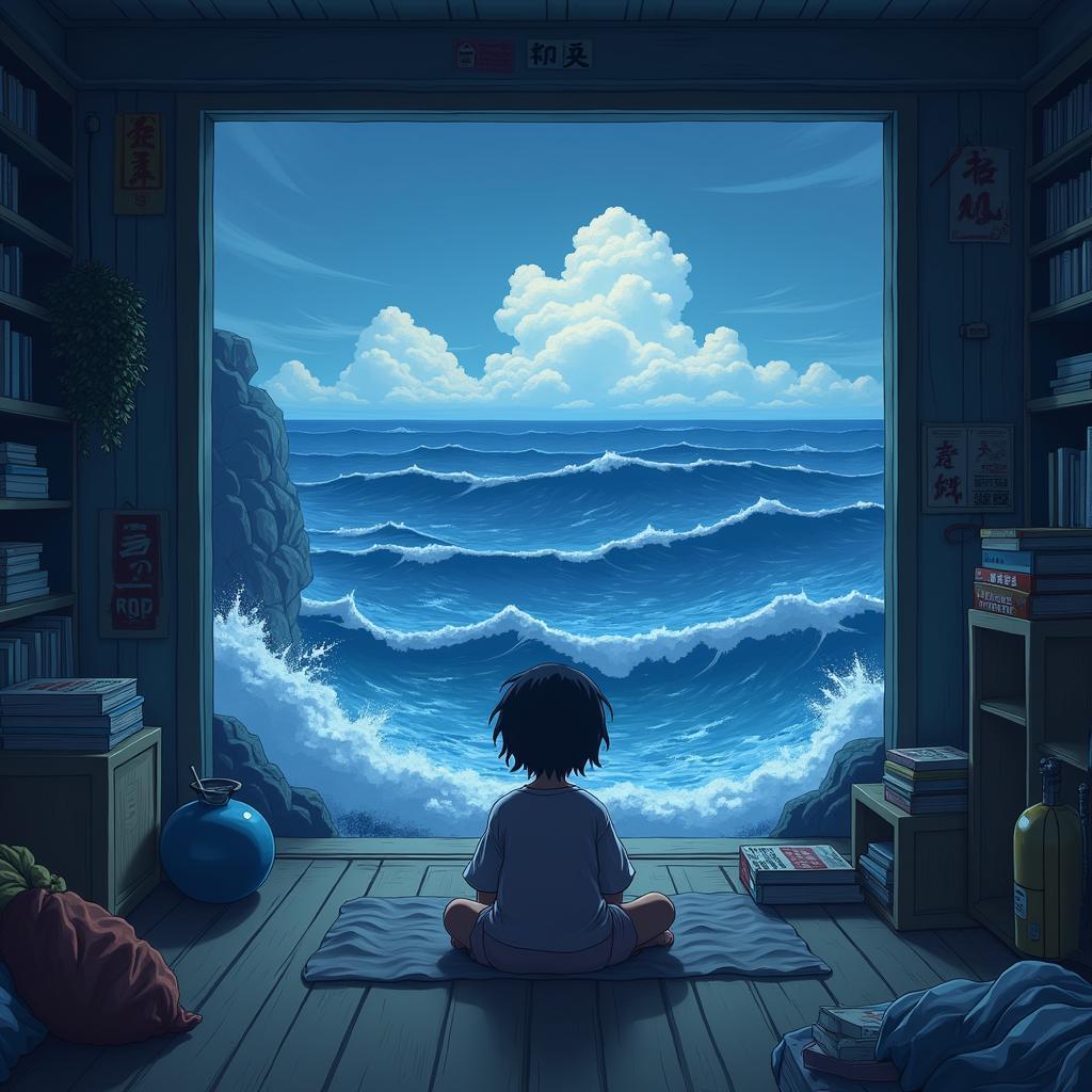 Anime Figure Gazing From Stormy Seascape Room