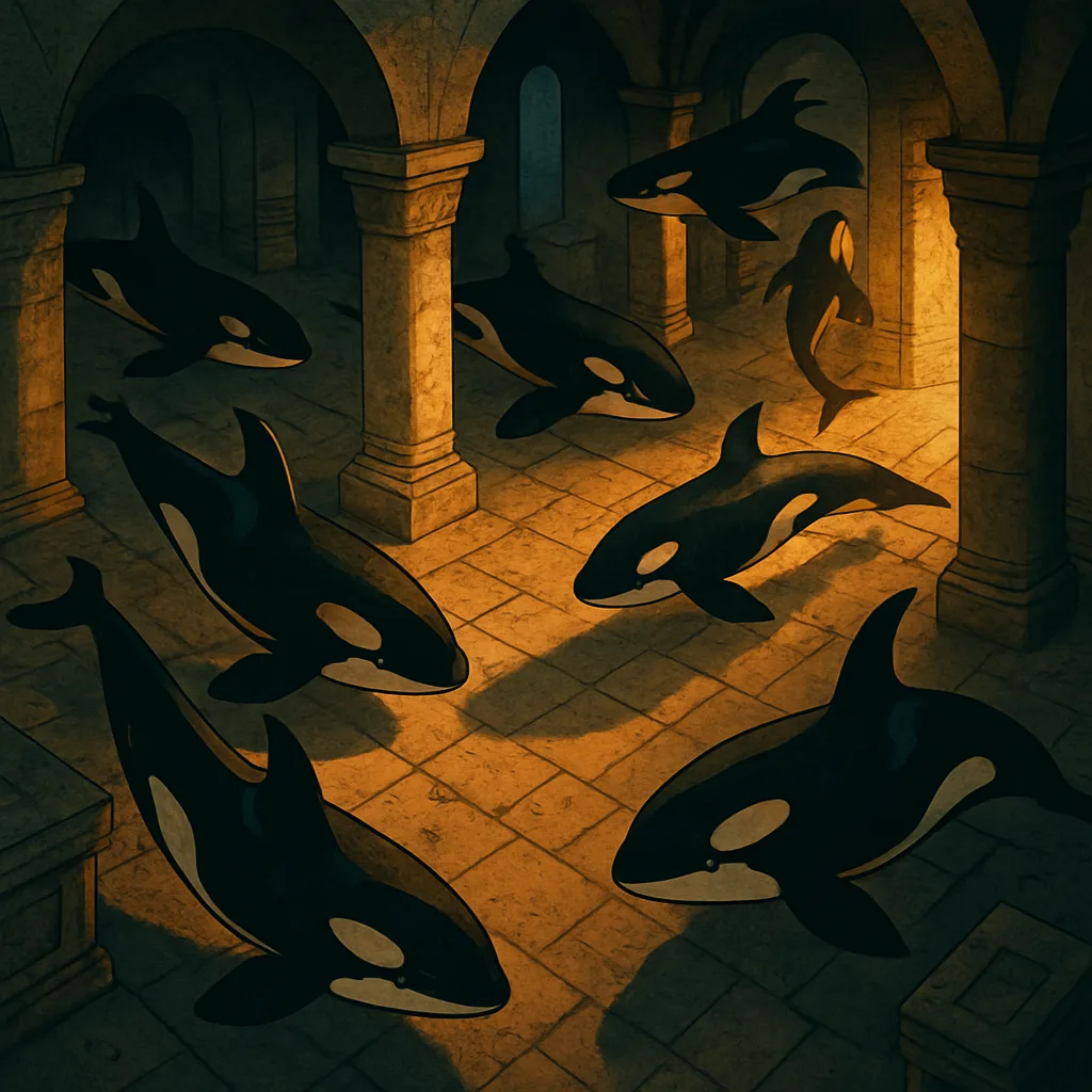 Diverse Stylized Killer Whales Navigate a Forgotten Subterranean Crypt