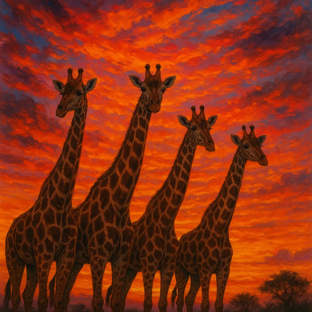 Four Giraffes Standing Beneath a Colorful and Vivid Sunset
