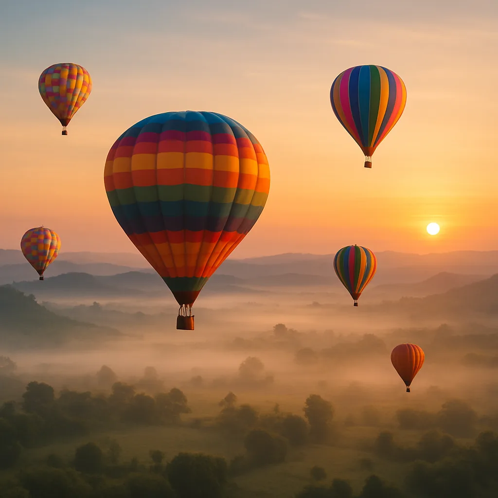 Several Colorful Hot Air Balloons Drift Serenely over a Misty