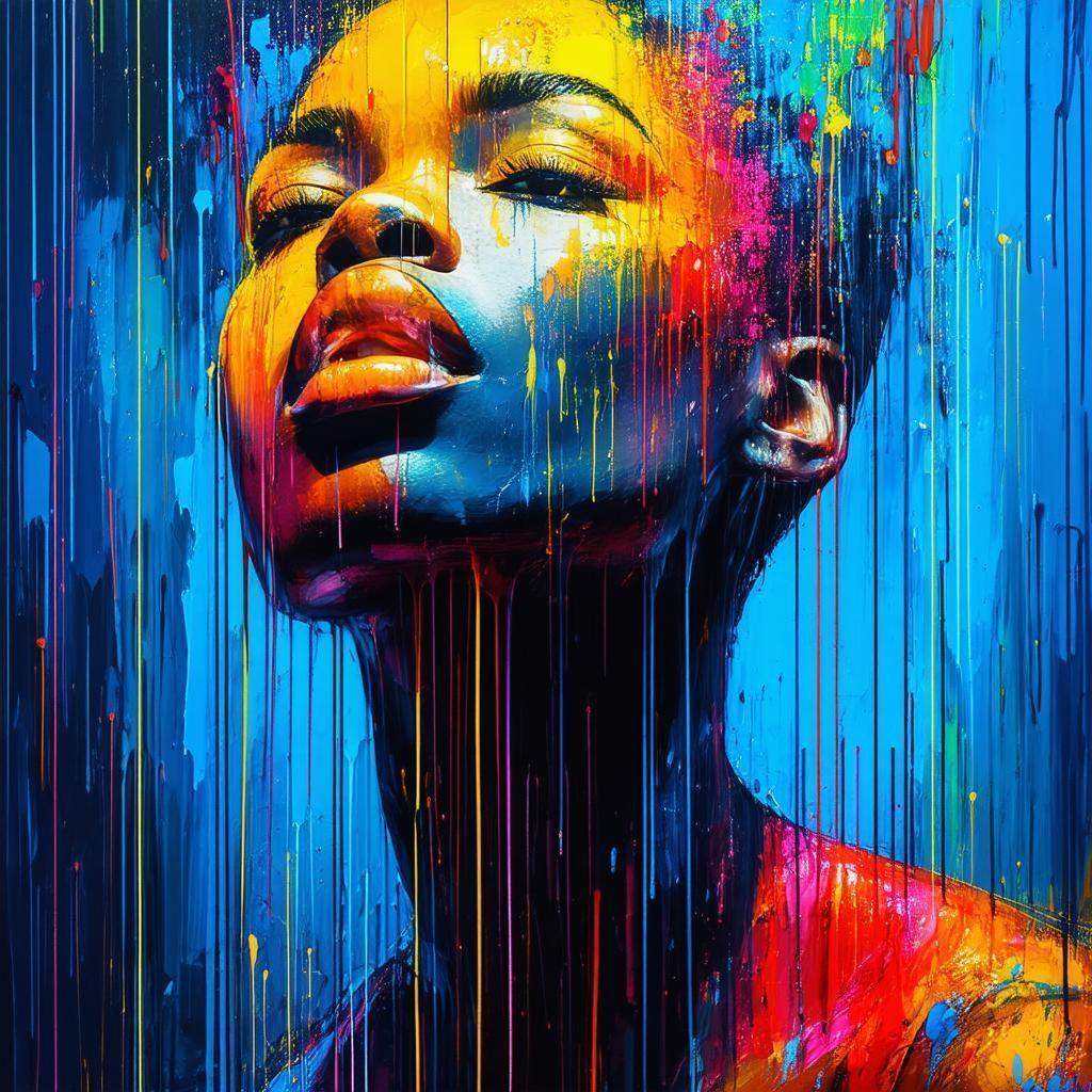 Dripping Portrait Mural on Deep Blue Wall