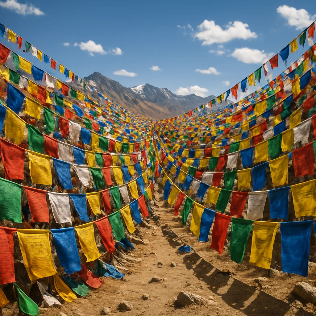 Hundreds of Brightly Colored Prayer Flags Flutter in Unison