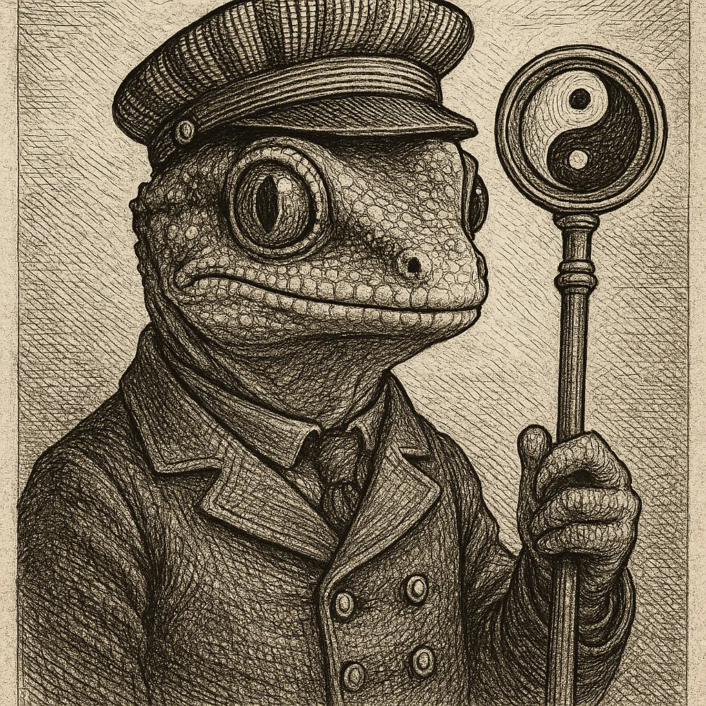 Etched Portrait Featuring a Gecko Adorned as a Train Conductor