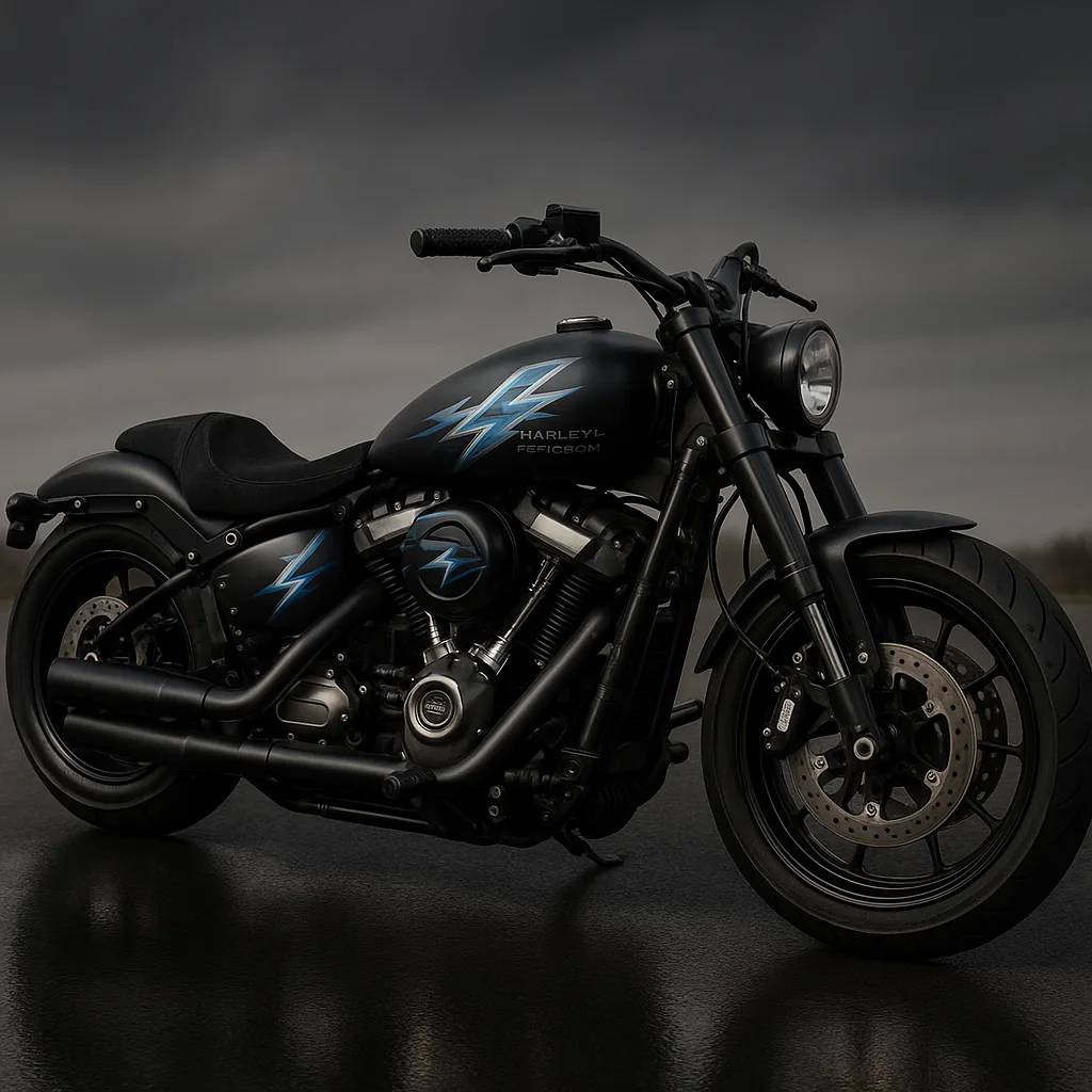 Matte Black Harley-Davidson Motorcycle Stands on a Polished Asphalt Surface
