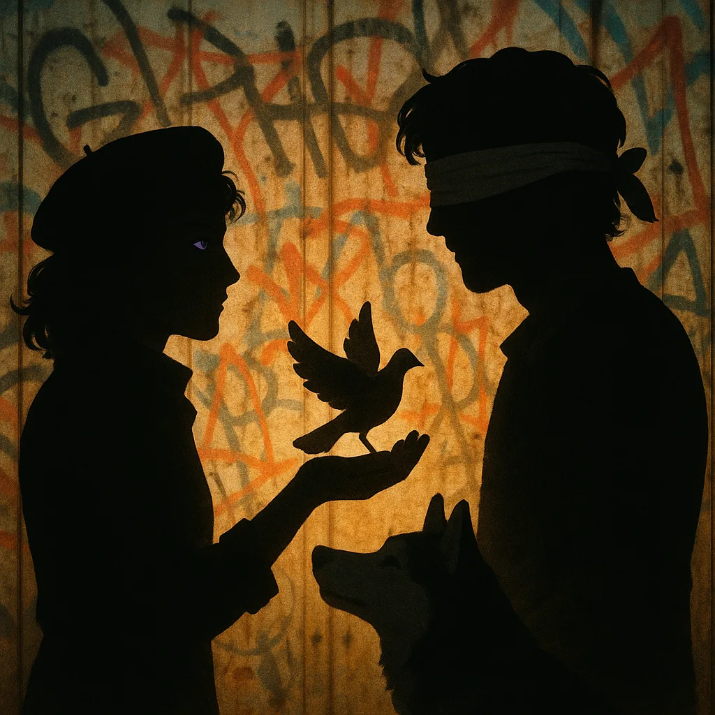 Violet-eyed Revolutionary Offers a Symbolic Object to a Blindfolded Artist