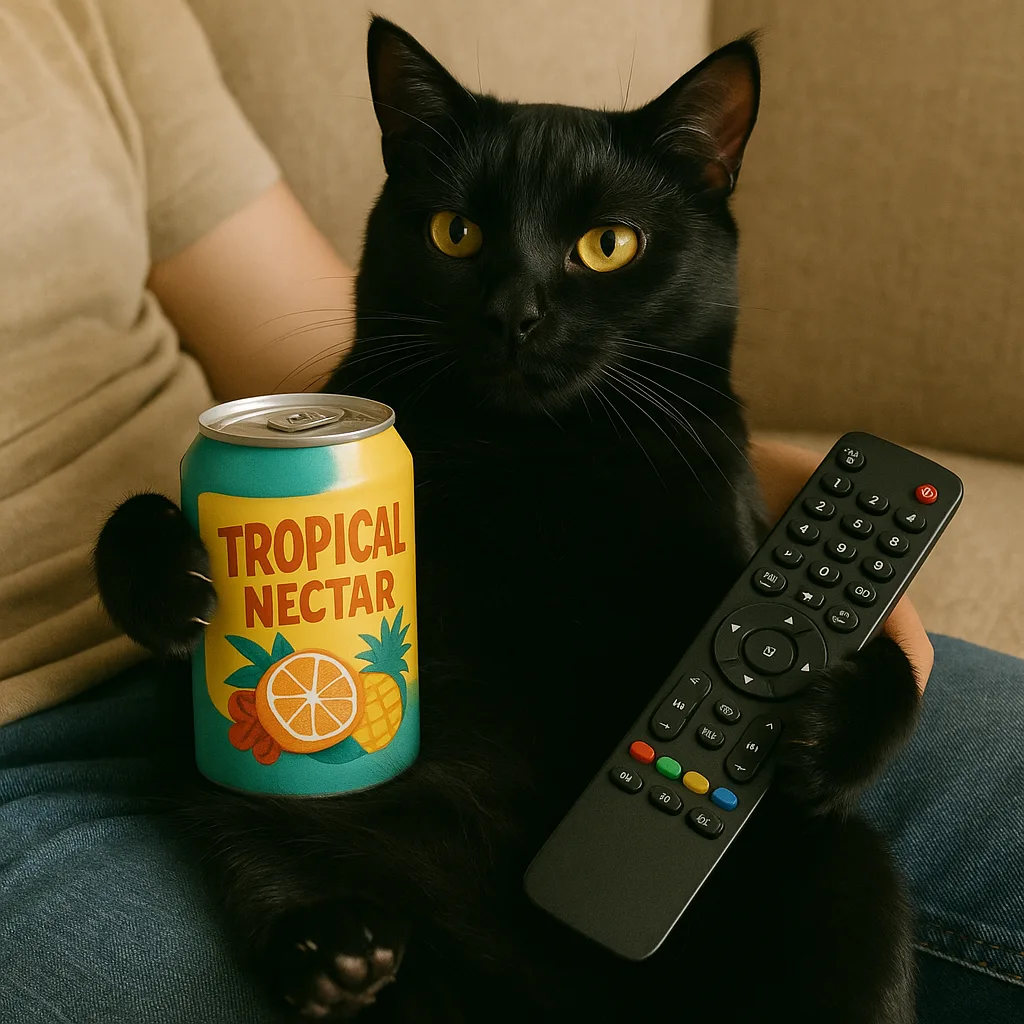 Black Cat Holding a Can of Tropical Nectar