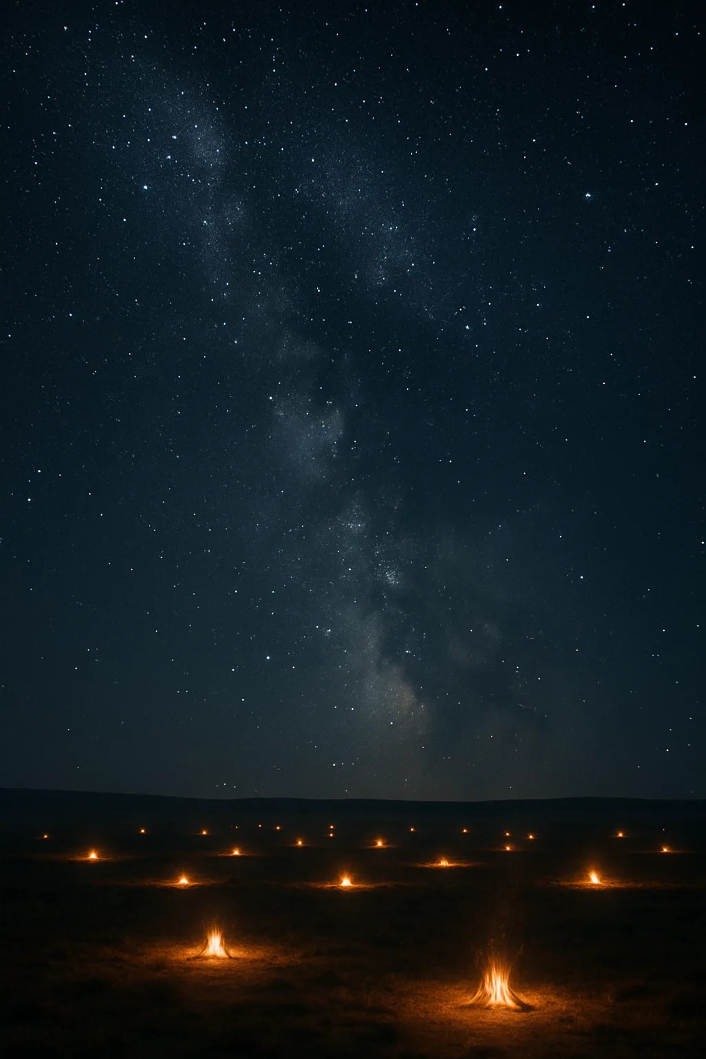 Many Distant Campfires Flicker Like Scattered Embers Across a Vast