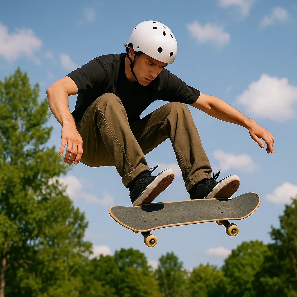 Skateboarder Wearing a White Helmet Performs an Aerial Trick