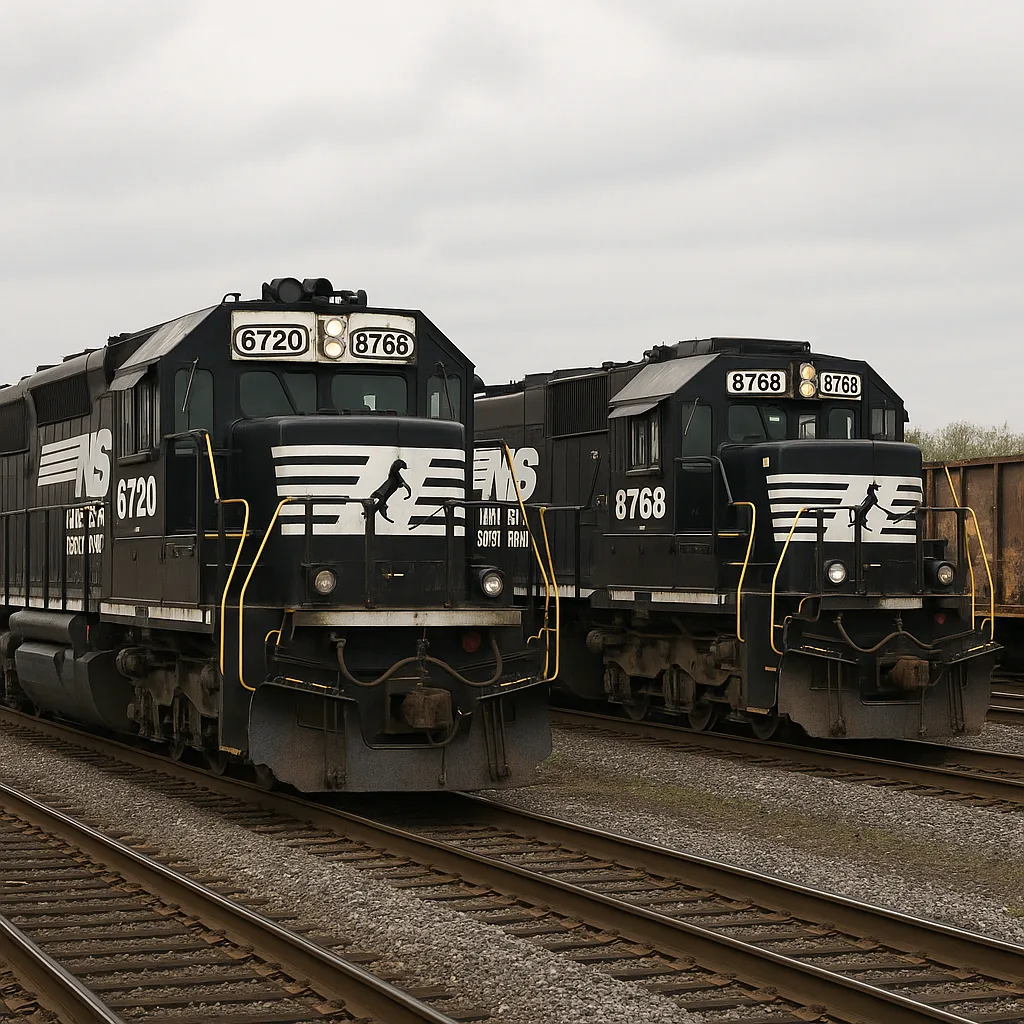 Two Black Norfolk Southern Locomotives Parked on Railway Tracks