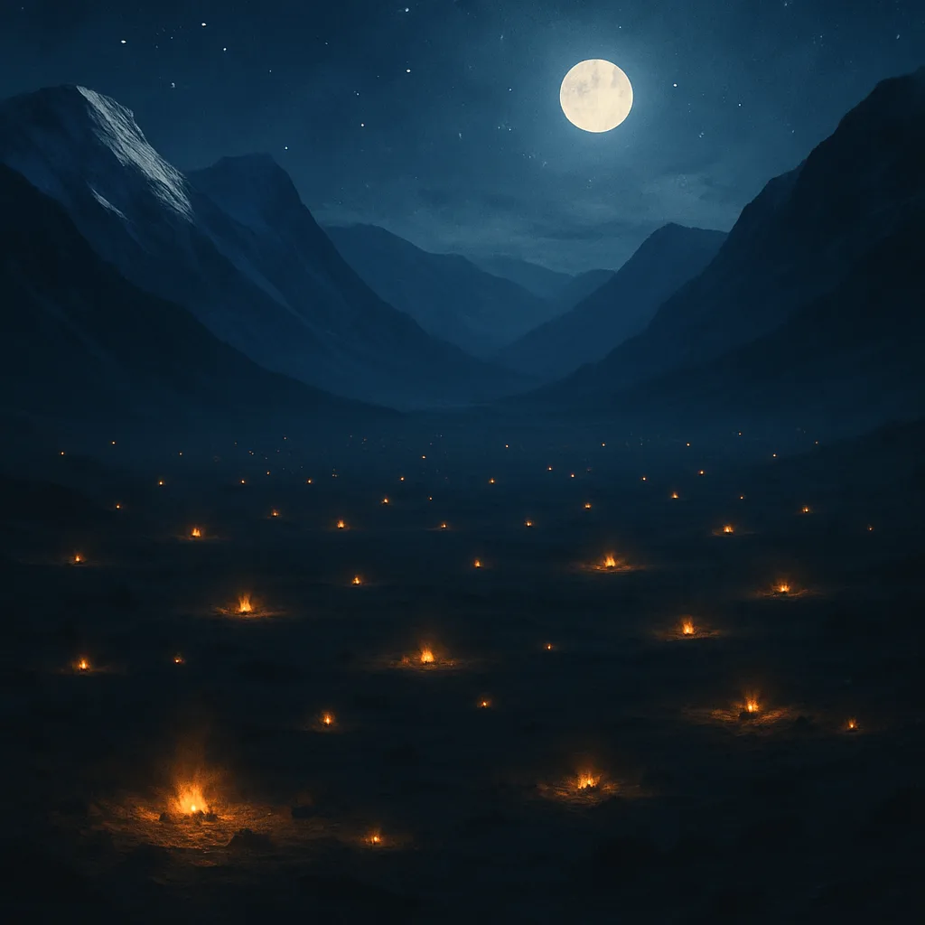 Many Distant Campfires Flicker Like Scattered Stars Across a Vast