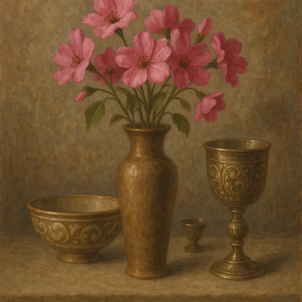 Still Life Featuring Pink Flowers in a Tall Vase