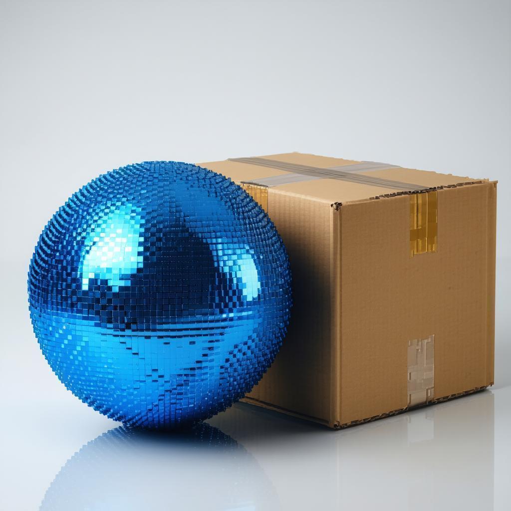 Pixelated Blue Sphere Beside Cardboard Box
