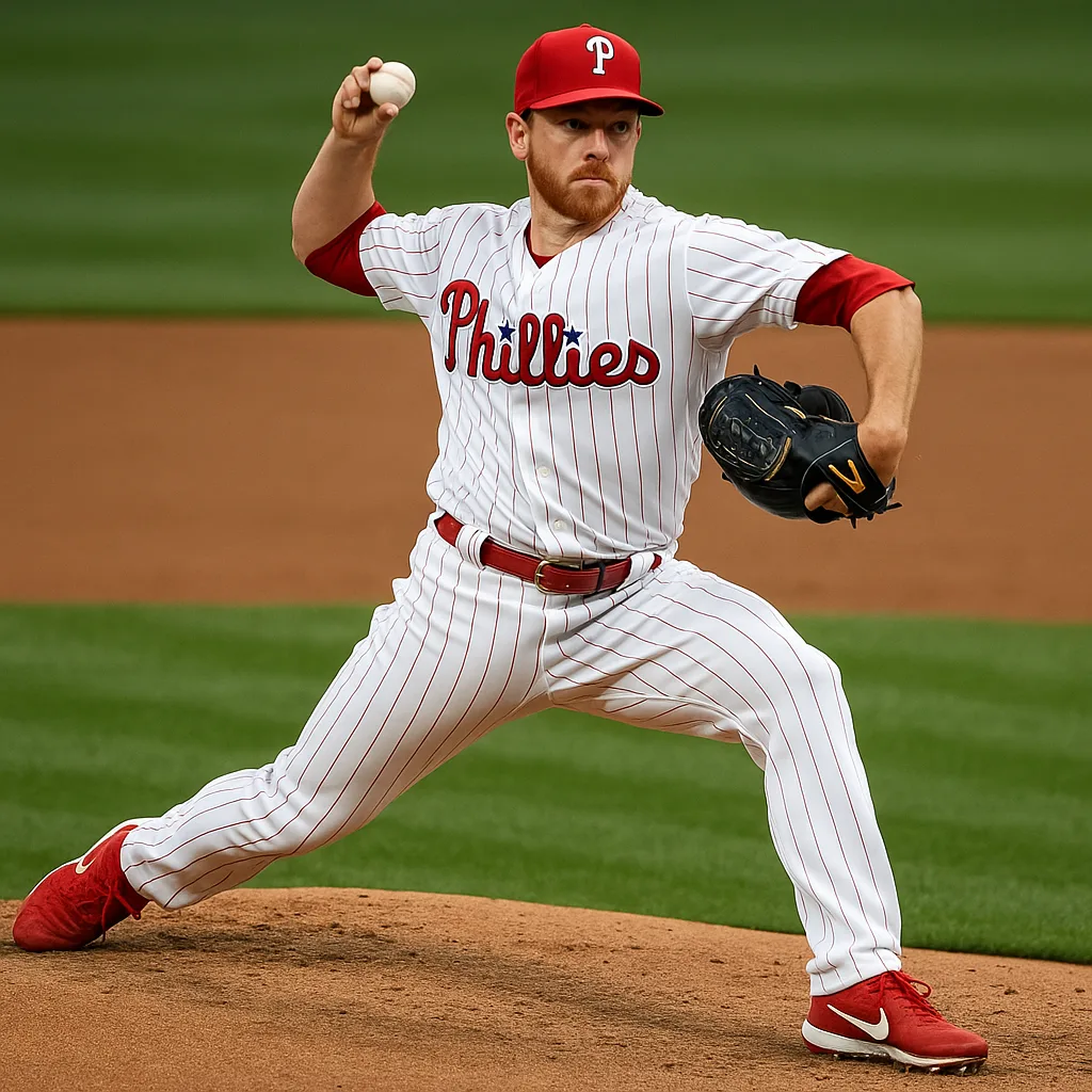 Baseball Pitcher in a Phillies Uniform Winds Up to Throw