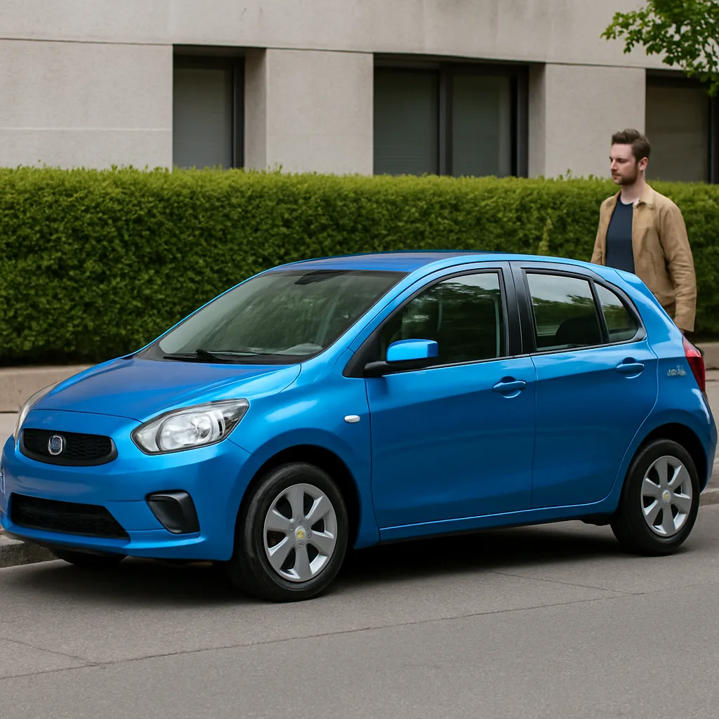Blue Compact Car Is Parked on a City Street
