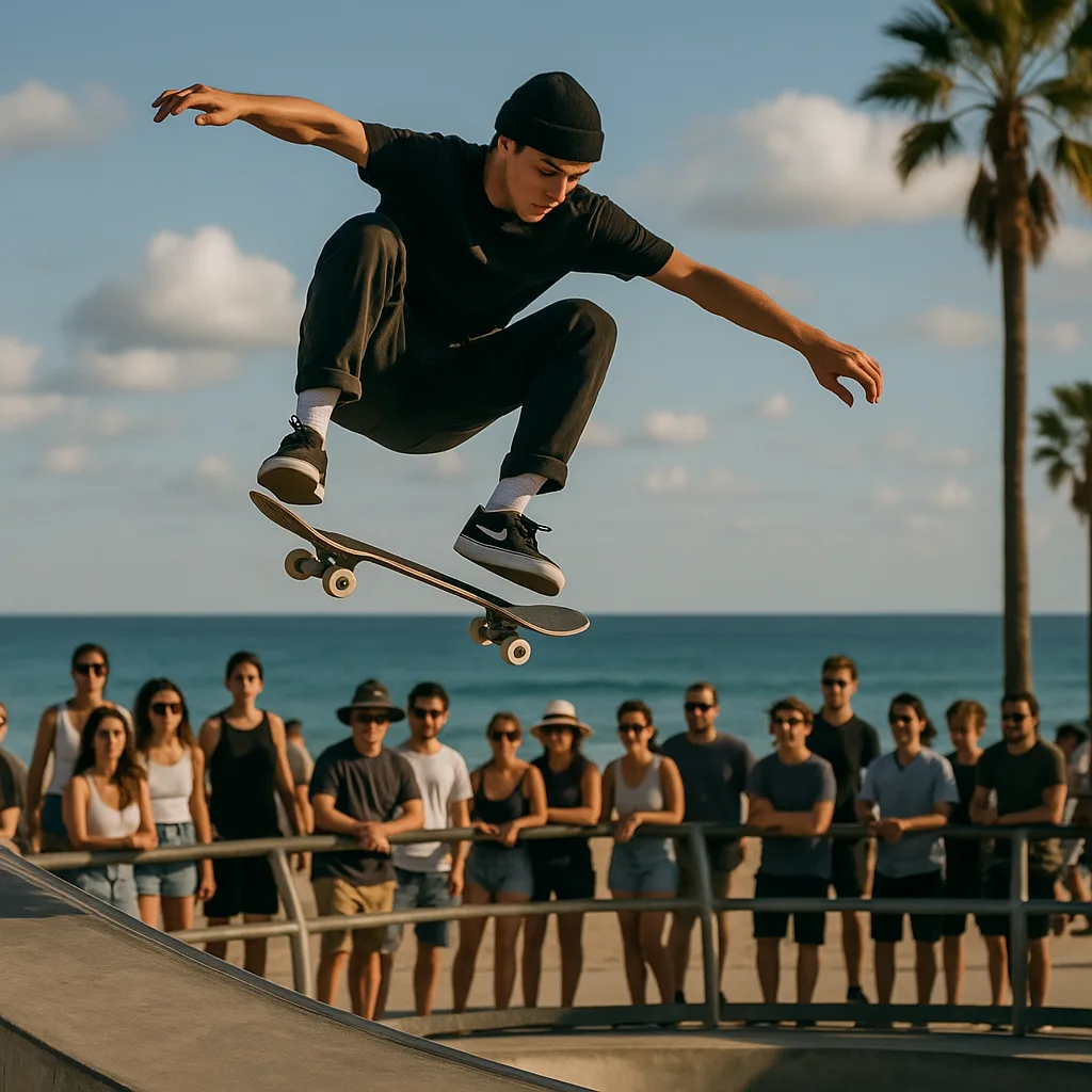 Skateboarder Performing a Mid-air Trick Above a Skate Park Ramp