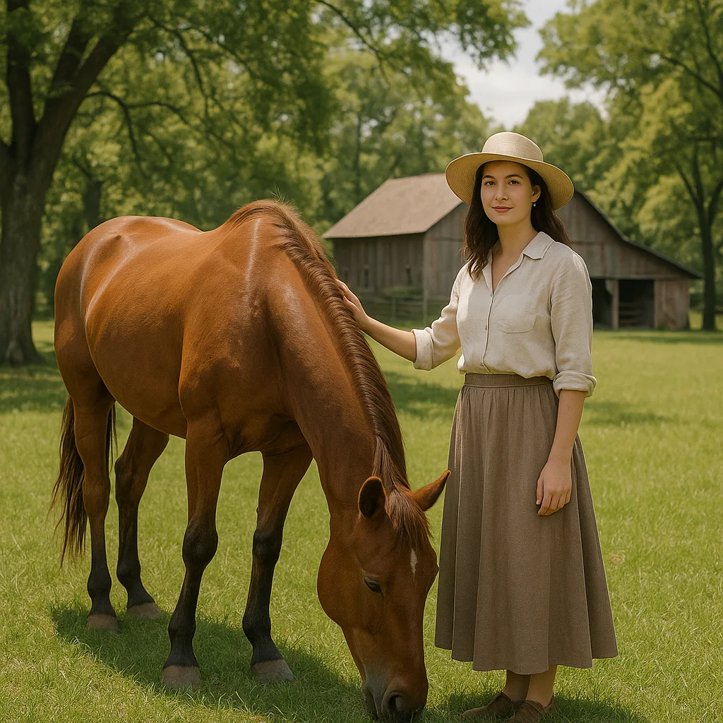 Woman Stands Beside a Grazing Horse in a Grassy Yard