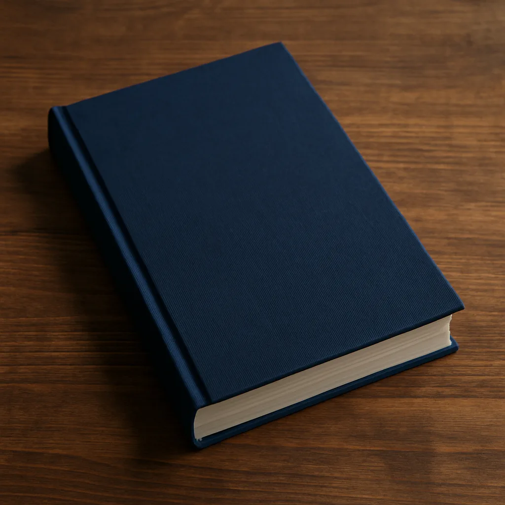 Wooden Table with a Navy Hardcover Book Resting on It