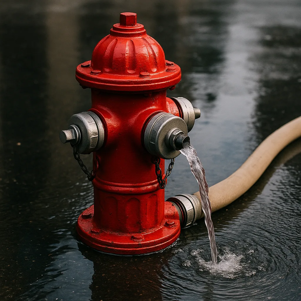 Red Fire Hydrant with Connected Hose Leaking Water
