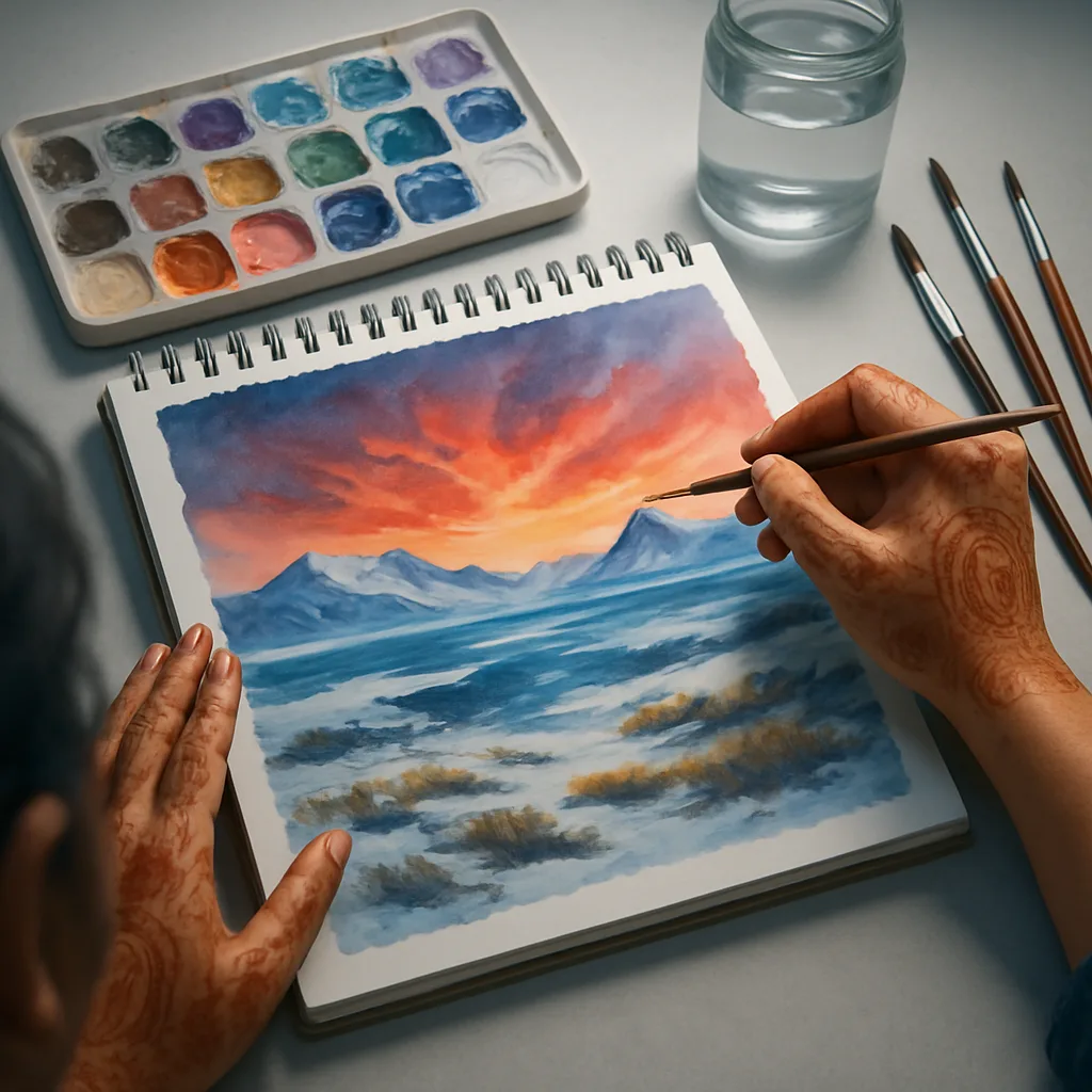 Skilled Artist with Henna-traced Hands Confidently Brushes Soft Watercolors