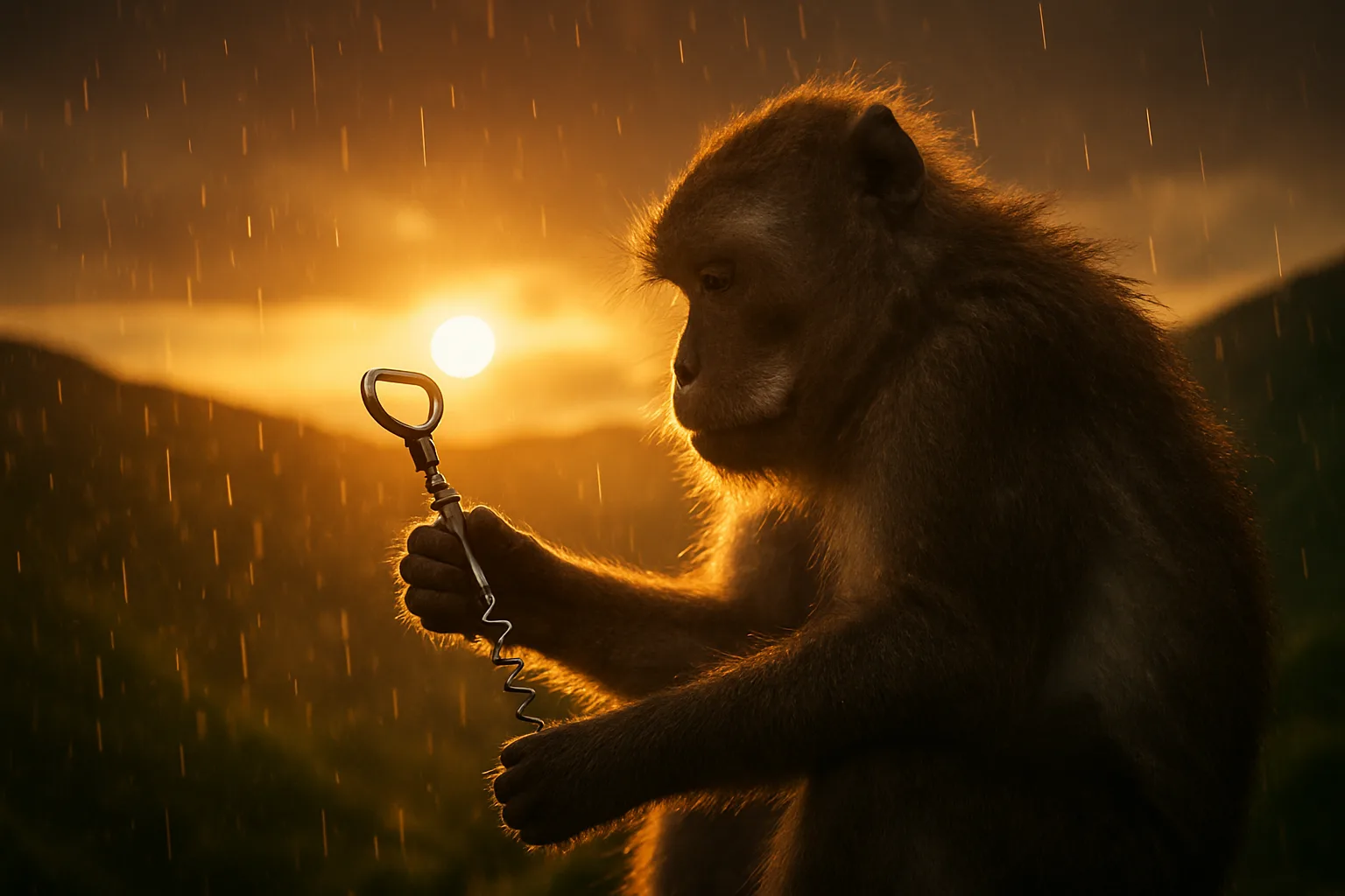 Macaque Curiously Examines a Corkscrew