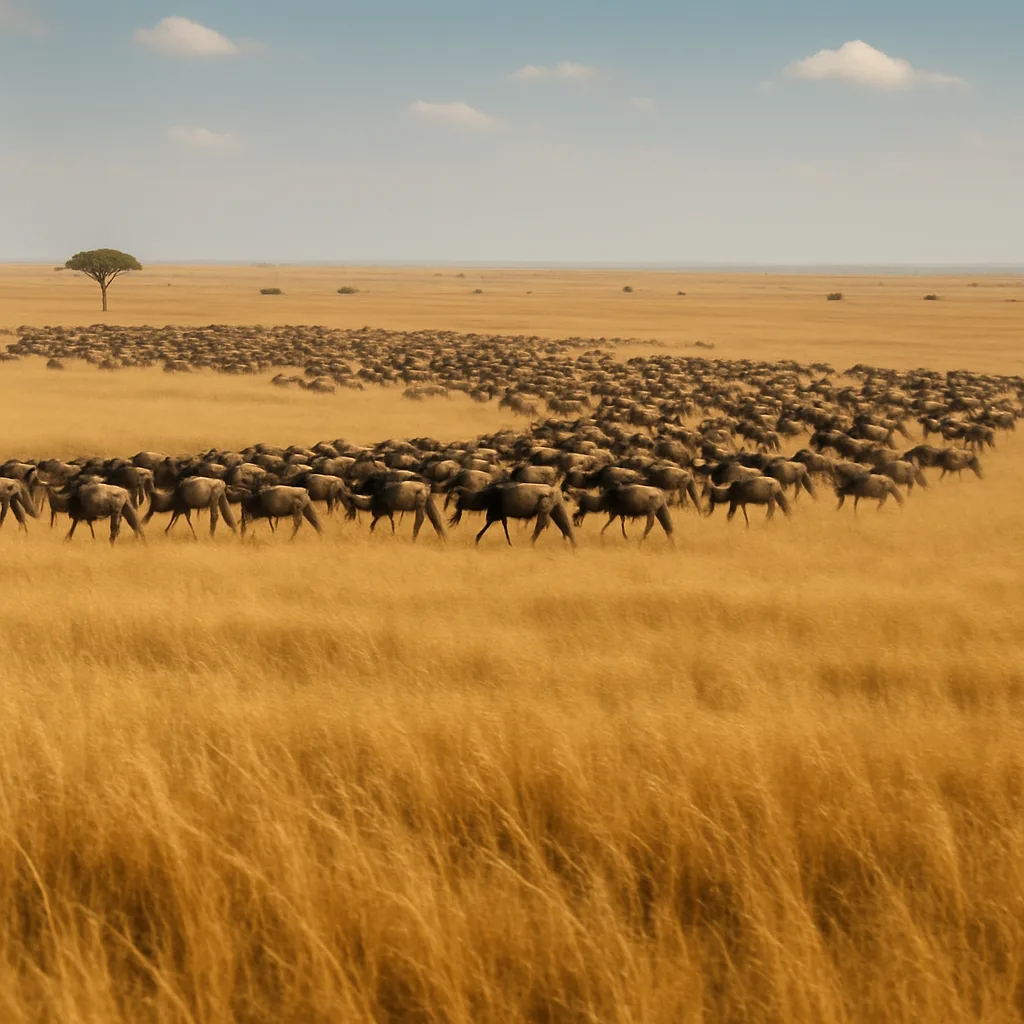 Large Herd of Distant Wildebeest Migrates Across a Vast