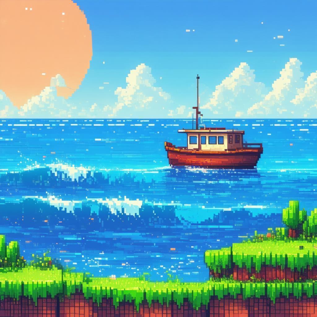 Retro Pixel Boat on Digital Waves