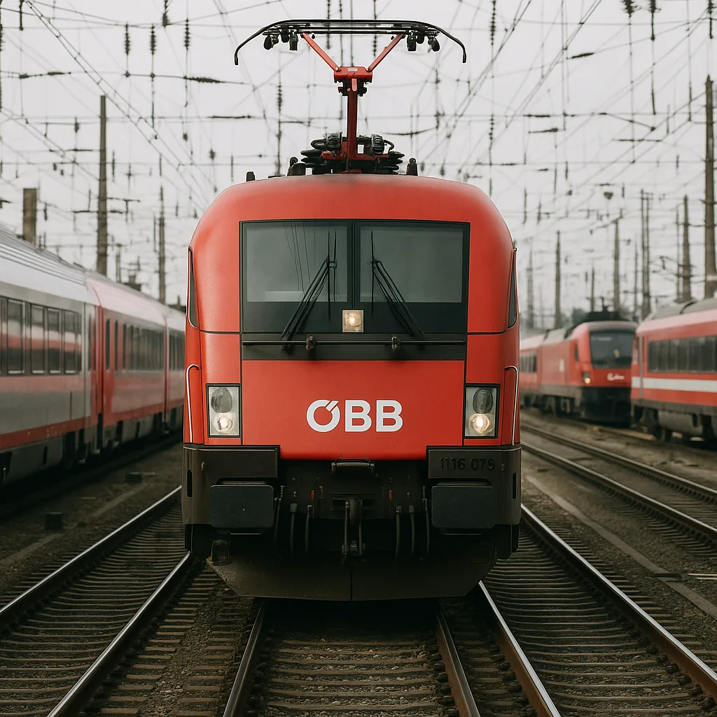 Red ÖBB Train Engine Positioned on Tracks Amidst a Complex