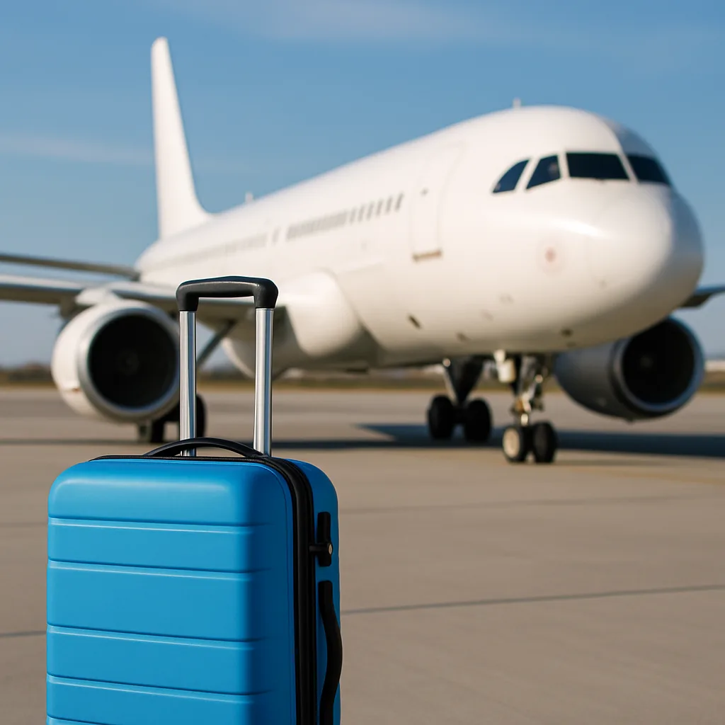 Picture Featuring a Suitcase in the Foreground with an Airplane