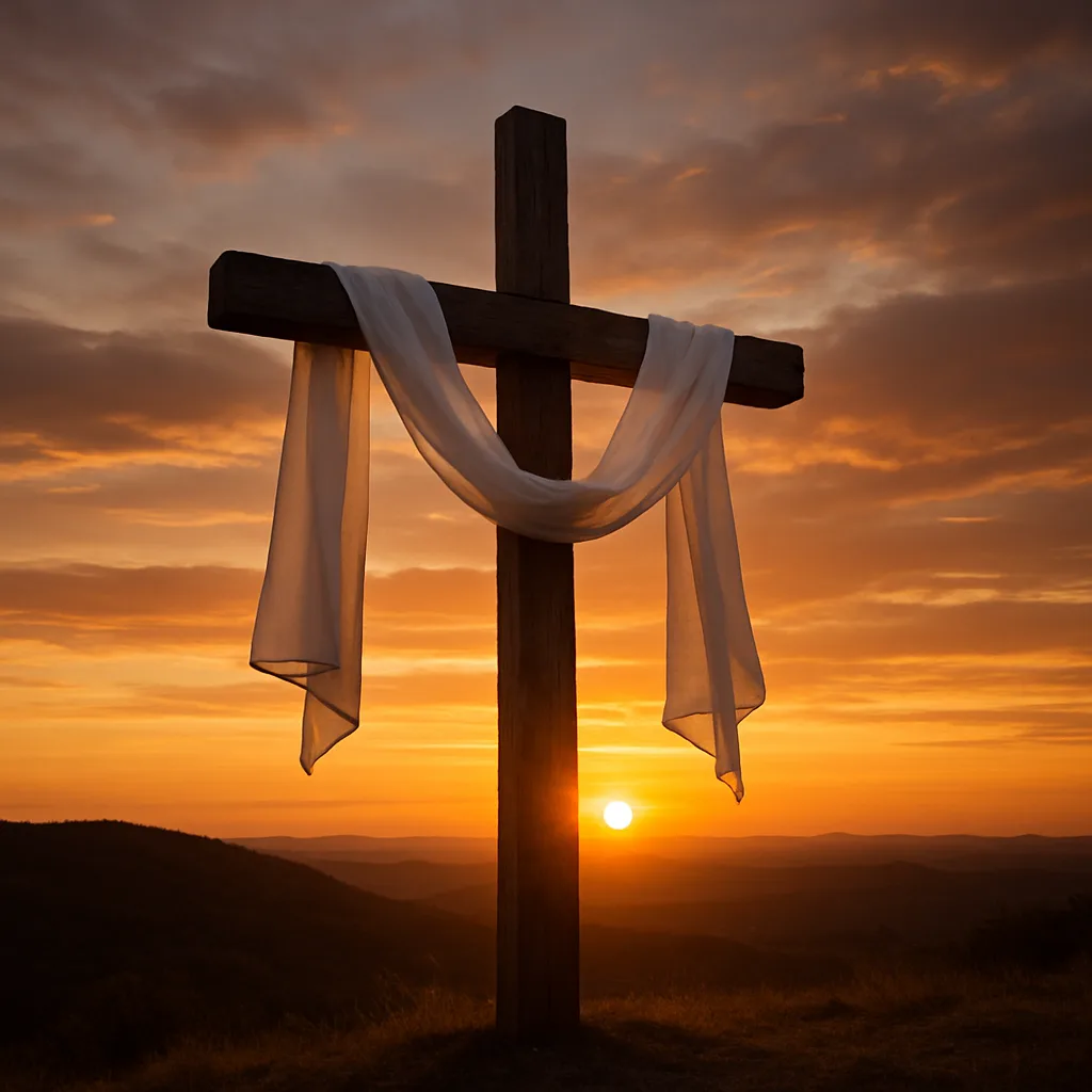 Depiction of a Wooden Cross Adorned with a White Fabric