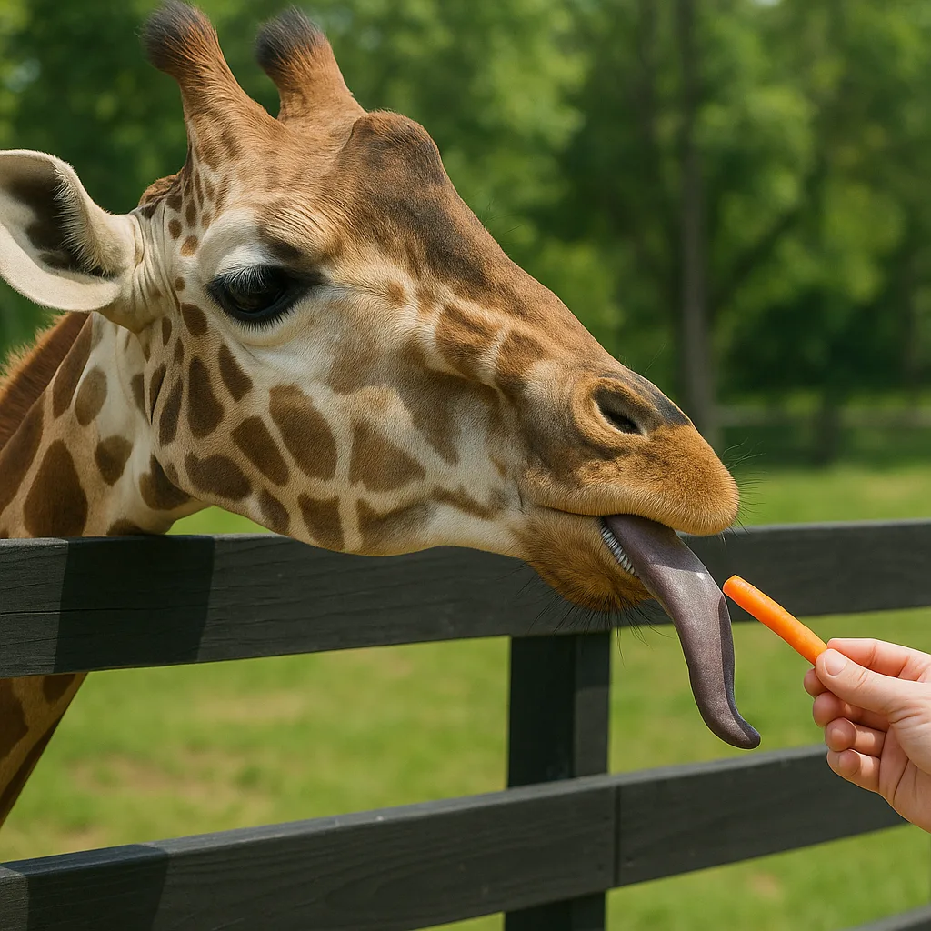 Giraffe Extends its Tongue to Grab a Carrot